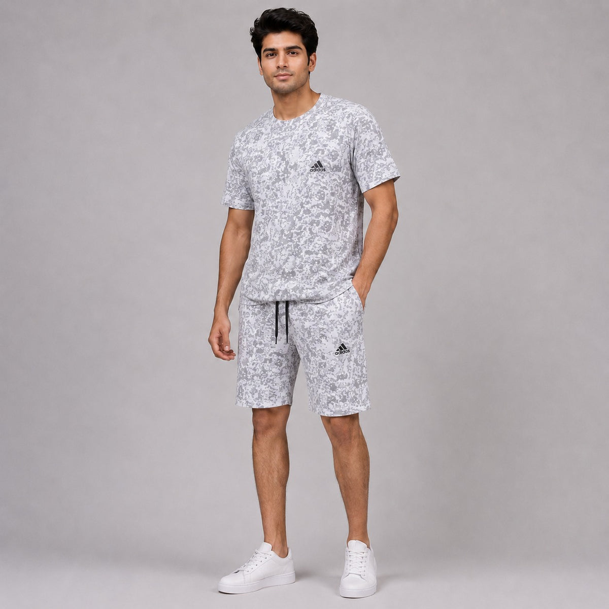 Men's Premium Grey Camouflage T-Shirt and Shorts Co-Ord Set - Soft Cotton Summer Casual Wear