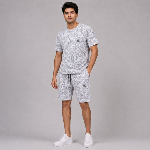Men's Premium Grey Camouflage T-Shirt and Shorts Co-Ord Set - Soft Cotton Summer Casual Wear