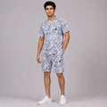 Premium men's white and charcoal grey abstract print t-shirt and shorts co-ord set crafted from soft, breathable fabric. Relaxed fit with matching drawstring shorts, perfect for summer casual wear, vacations, outdoor activities, gym, and daily comfort