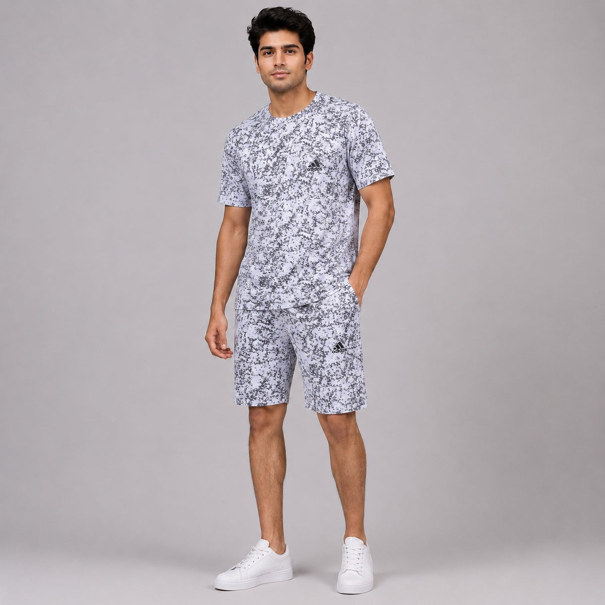Premium men's white and charcoal grey abstract print t-shirt and shorts co-ord set crafted from soft, breathable fabric. Relaxed fit with matching drawstring shorts, perfect for summer casual wear, vacations, outdoor activities, gym, and daily comfort